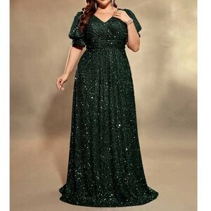Plus Sequin Puff Sleeve High Waisted Party Formal Wedding Dress